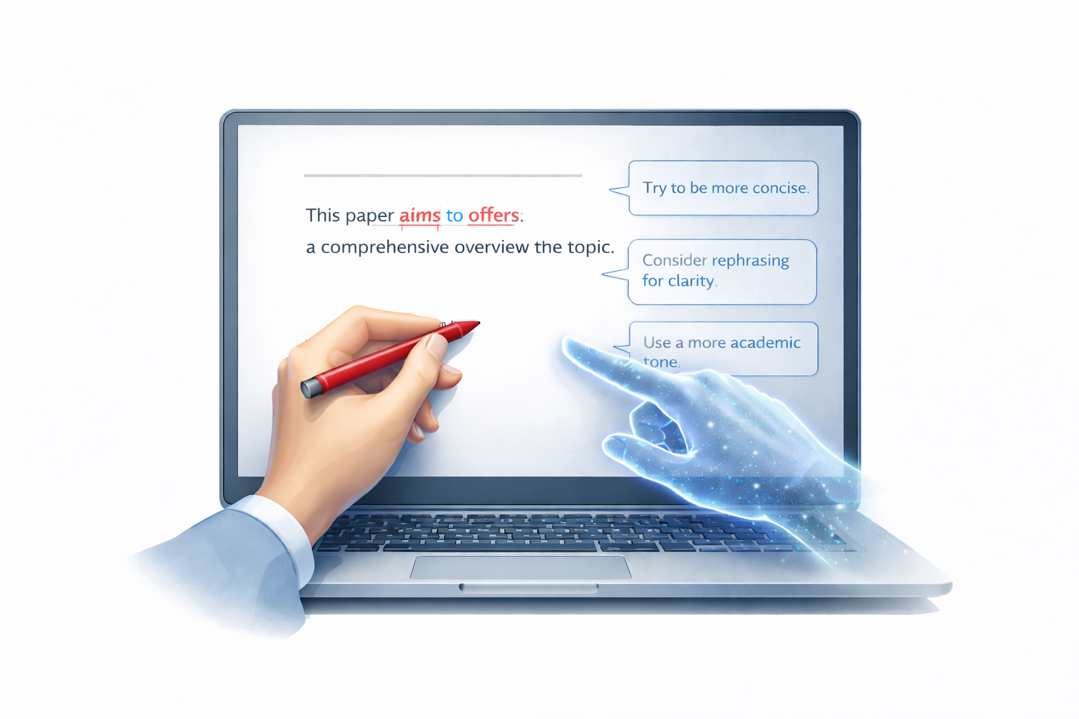 Human-AI collaboration: human hand and AI hand collaboratively editing academic document on laptop screen